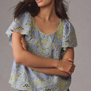 Anthropologie Embroidered Scallop Hem Flutter Sleeve Top - Light Blue/Green